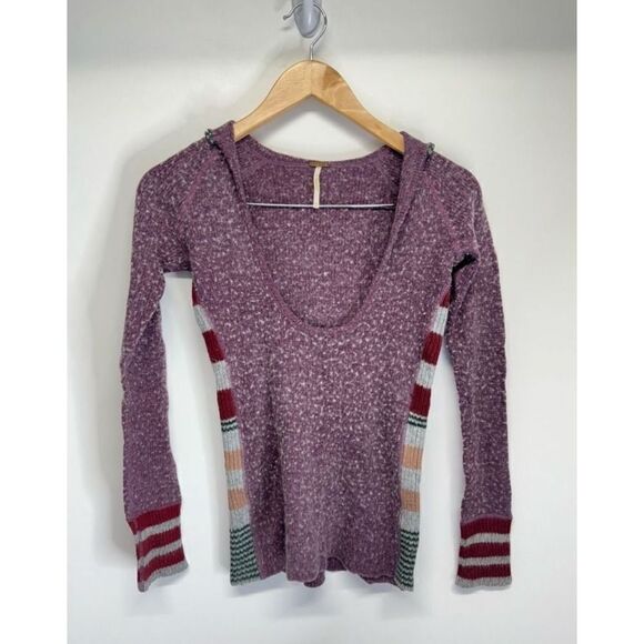 Free People Hooded Top Striped Sleeve Pullover Knit Sweater Purple XS Wool Blend - Picture 2 of 8